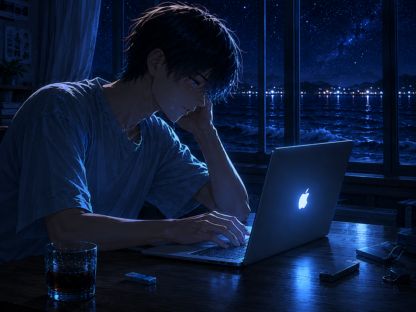 夜の部屋で涙をこぼす主人公
