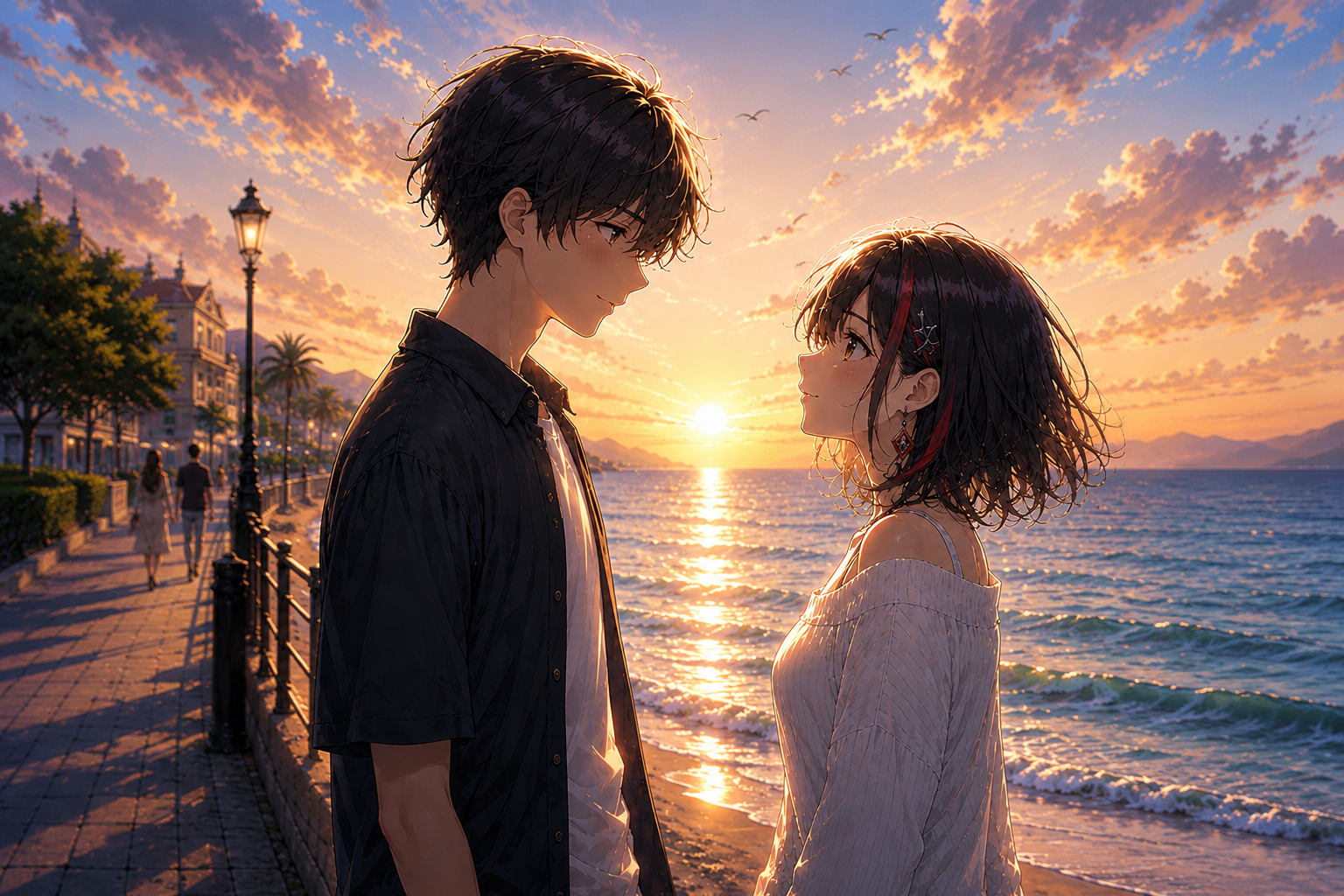 夏の海辺で向き合う二人